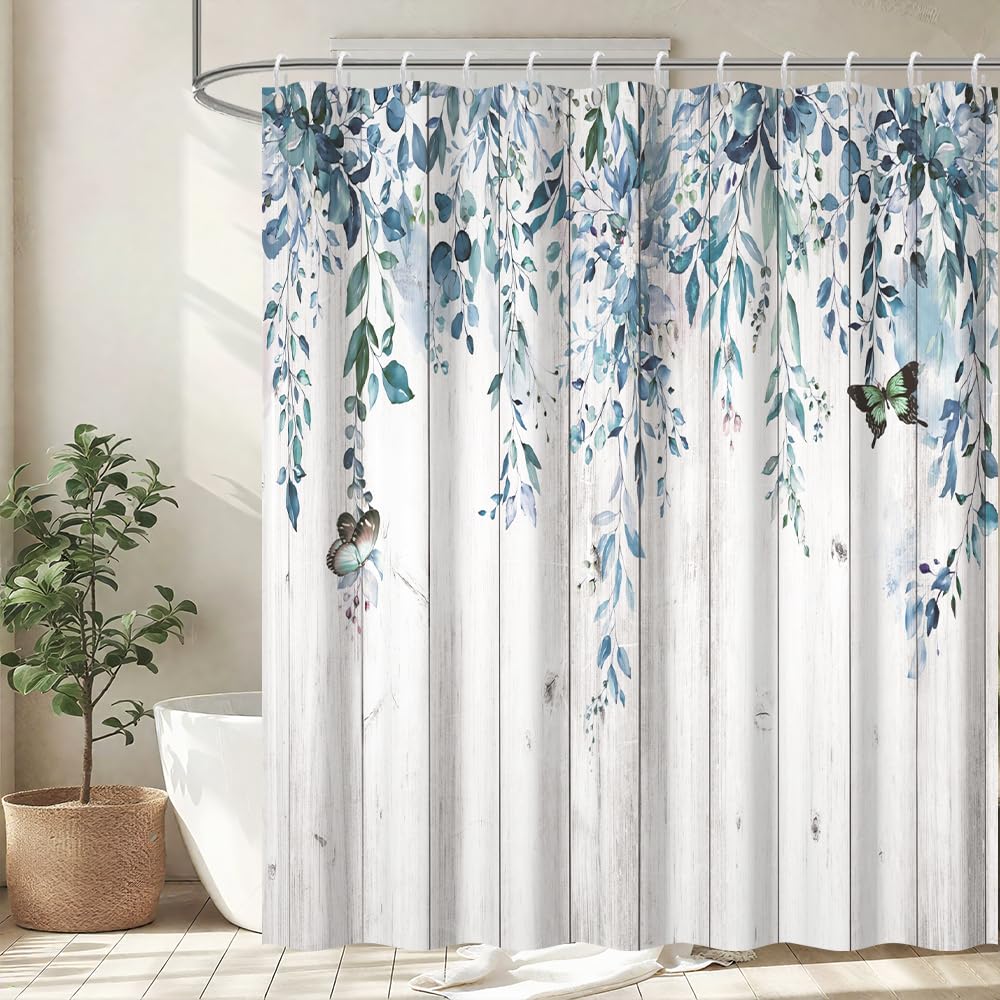 Uiiooazy Eucalyptus Shower Curtain, Blue Leaves Shower Curtain Wooden Borad Backgound Bath Curtain Mildew and Mould Resistant Waterproof Polyester