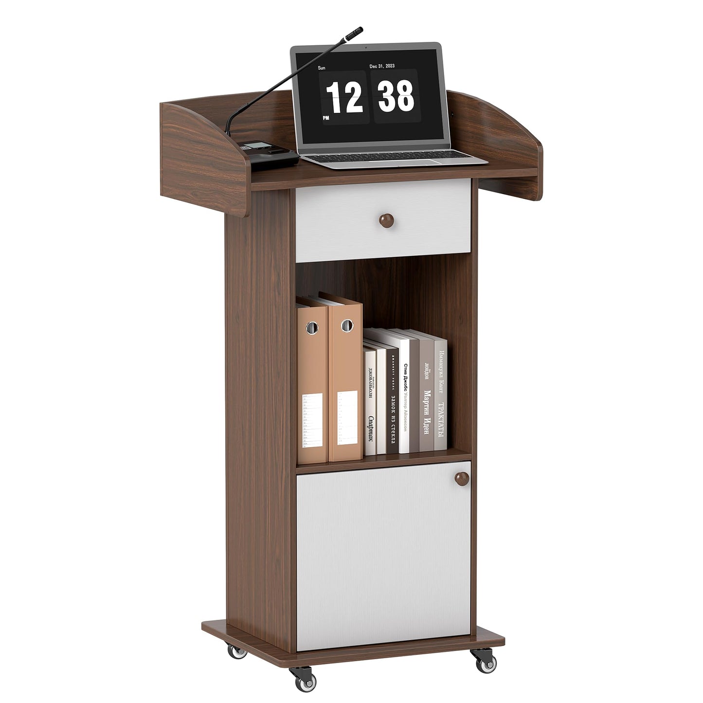 Turosur Podium Stand with Drawer, Hidden Cable Hole & Adjustable Shelf