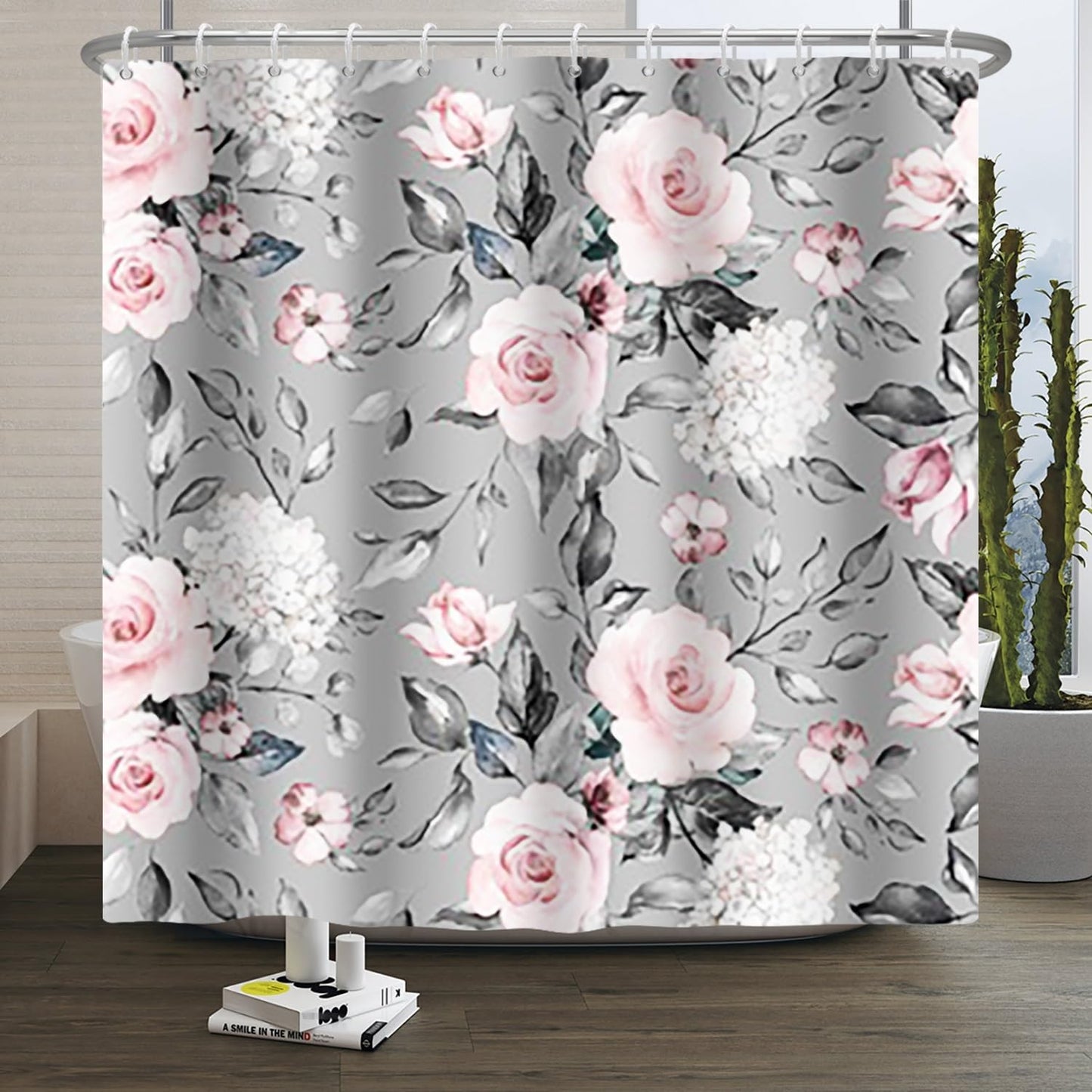Xiaoterna Eucalyptus Leaf Shower Curtain Flower Plant Bathroom Curtain Vintage Pink Rose Flower with Green Leaf Plant Nature Aesthetic Shower Curtain