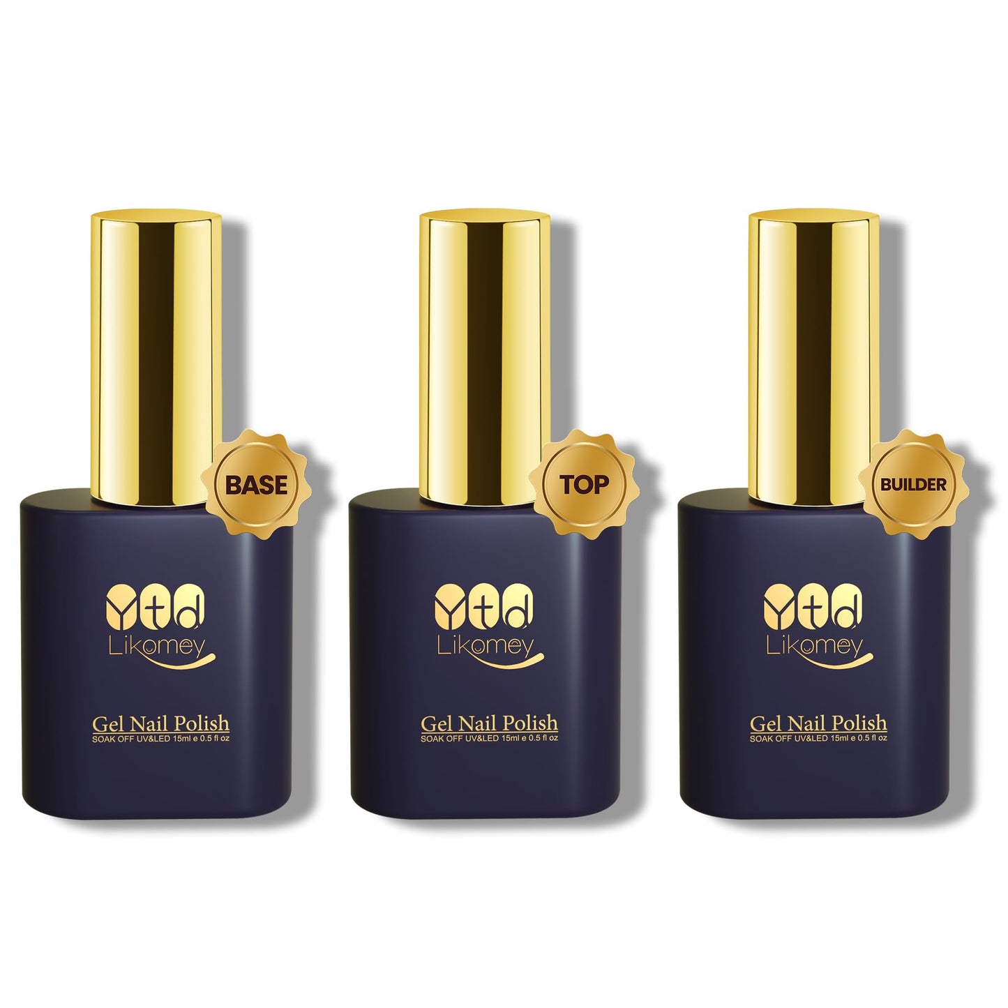 YTD Likomey Gel Nail Polish Base Coat Top Coat Builder Gel Set,3 Pcs 15ml HEMA Free No Wipe High Glossy Multi-Function Extension Long Lasting