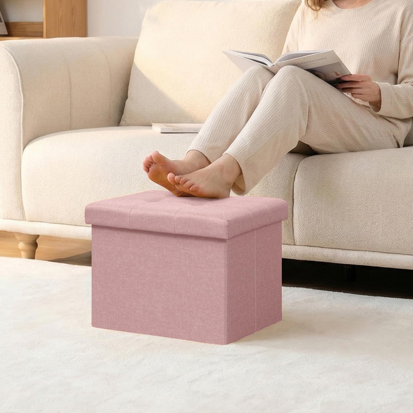 PINPLUS Tufted Linen Storage Ottoman Box, Foldable Footstool, Pink