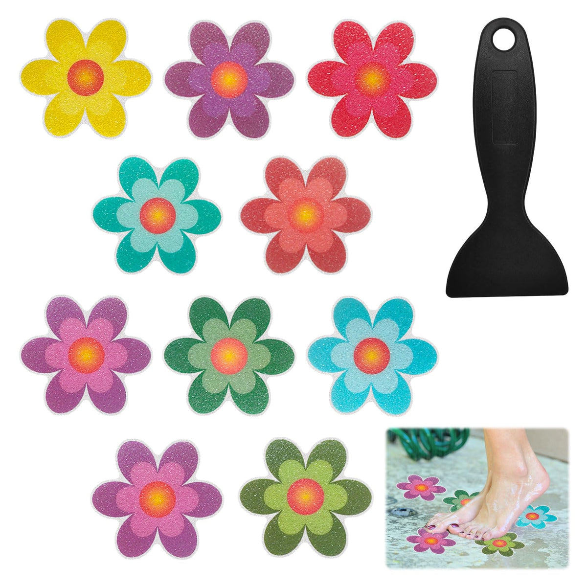 Qianeffort 10Pcs Anti Slip Shower Stickers,Colorful Sunflower Bath Non Slip Stickers,Adhesive Non Slip Bath Stickers with Scraper,Shower Non Slip