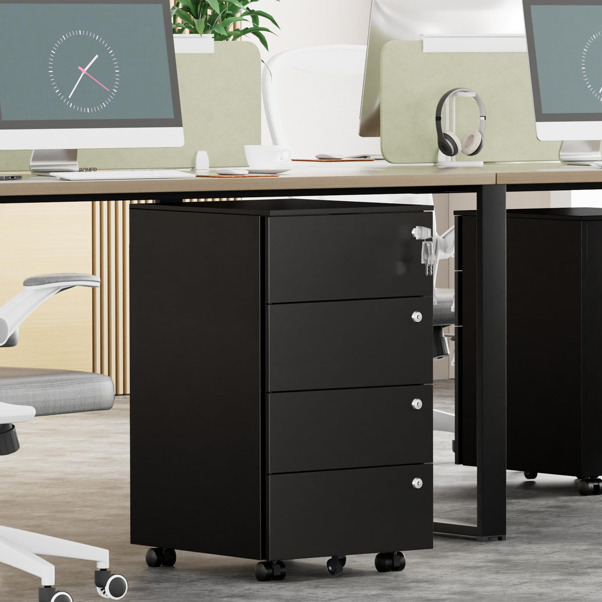 HOMSTEEL Mobile File Ccabinet, Filing Cabinet with 4 Lock, 4 Keys, 4 Drawers, Metal Cabinet, Pre-assembled, for Office, Home Office, Black