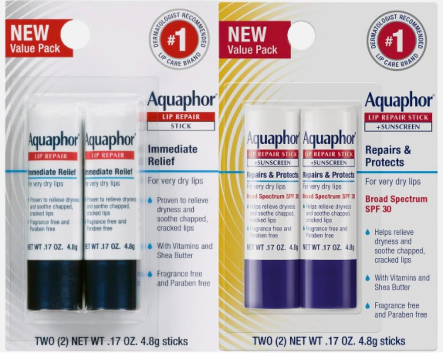 Aquaphor Lip Repair, Moisturizing Lip Balm Multipack (2 Repair sticks + 2 Repair & Protect SPF 30 sticks)