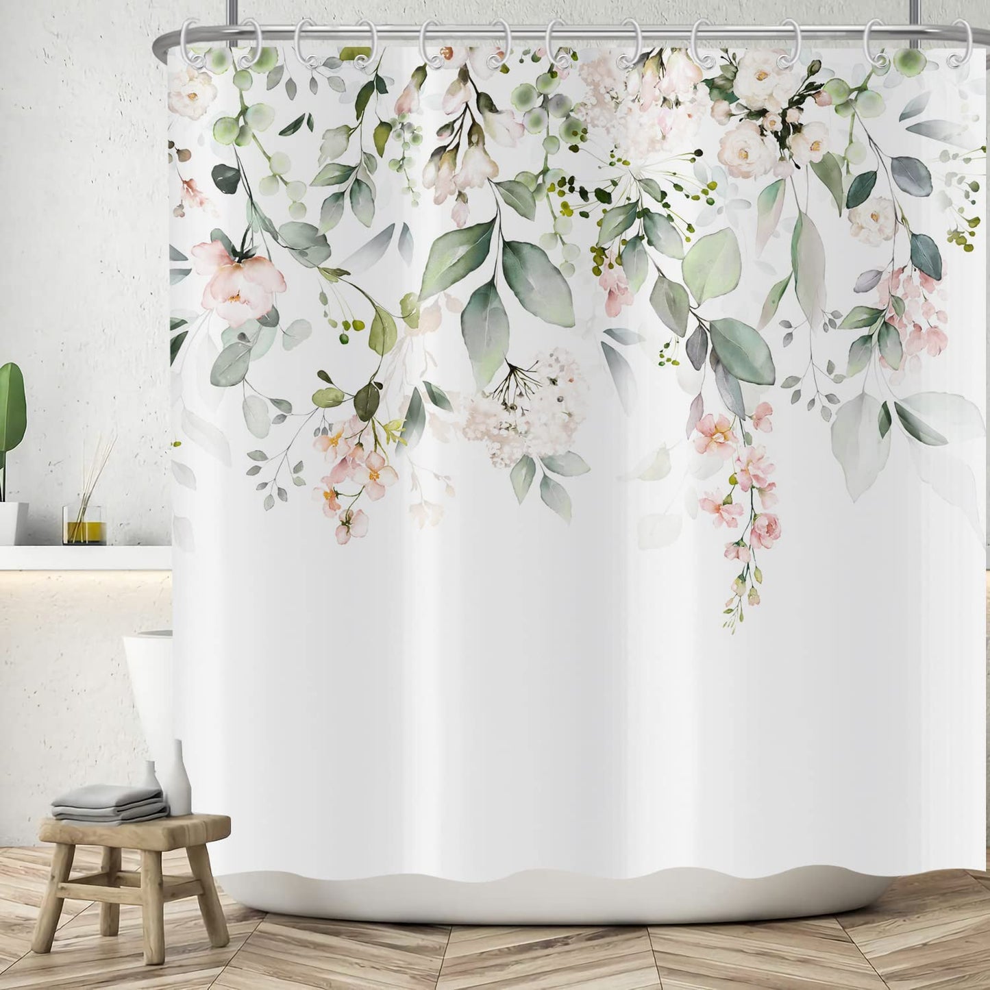 ASDCXZ Flower Shower Curtain 180x180 cm, Spring Hand Painted Rose Flower Green Leaves White Bath Washable Shower Curtains Polyester Textile Waterproof