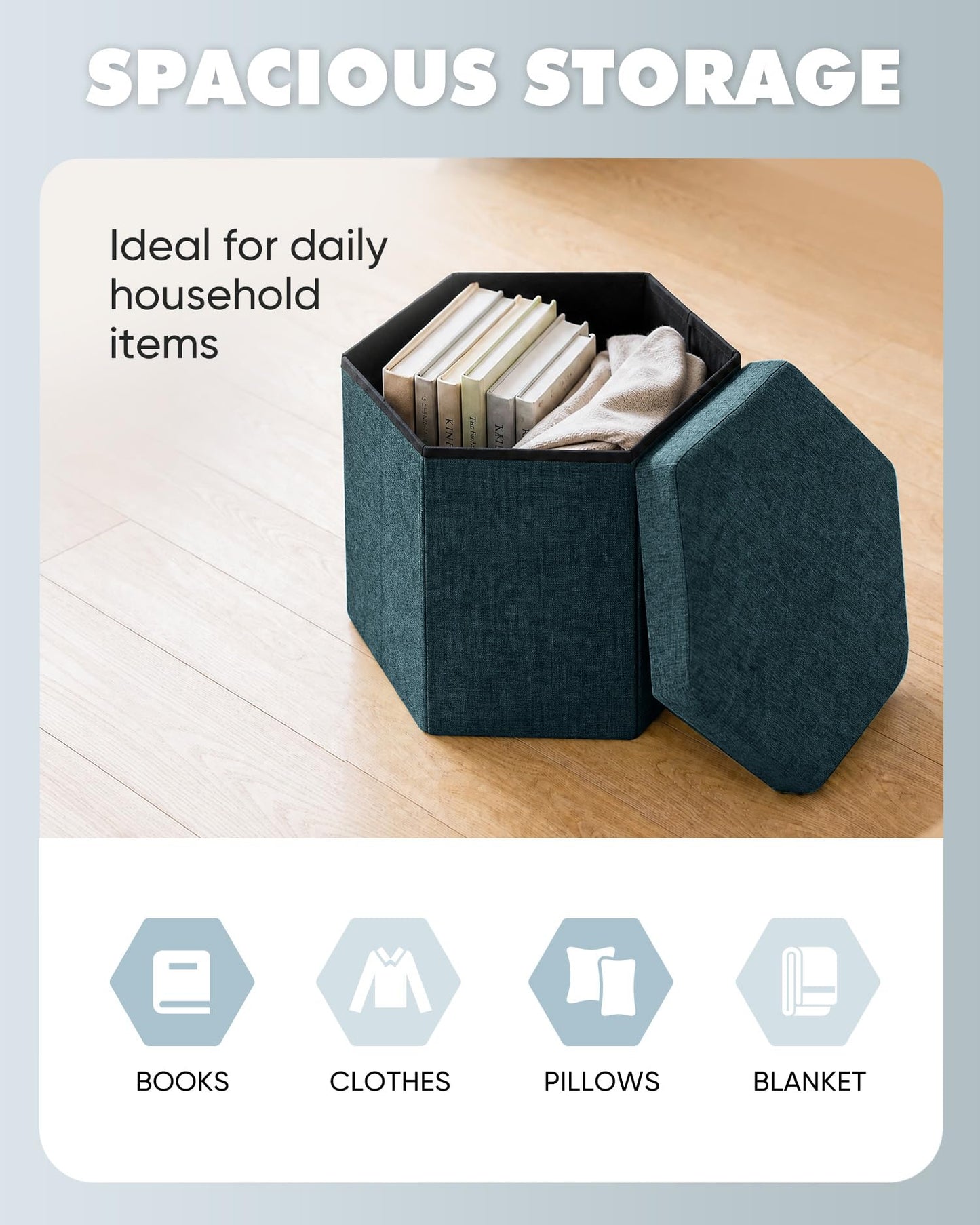 Bonlife Folding Storage Ottoman Hexagonal, Footrest with Toy Ches Box, 43cm