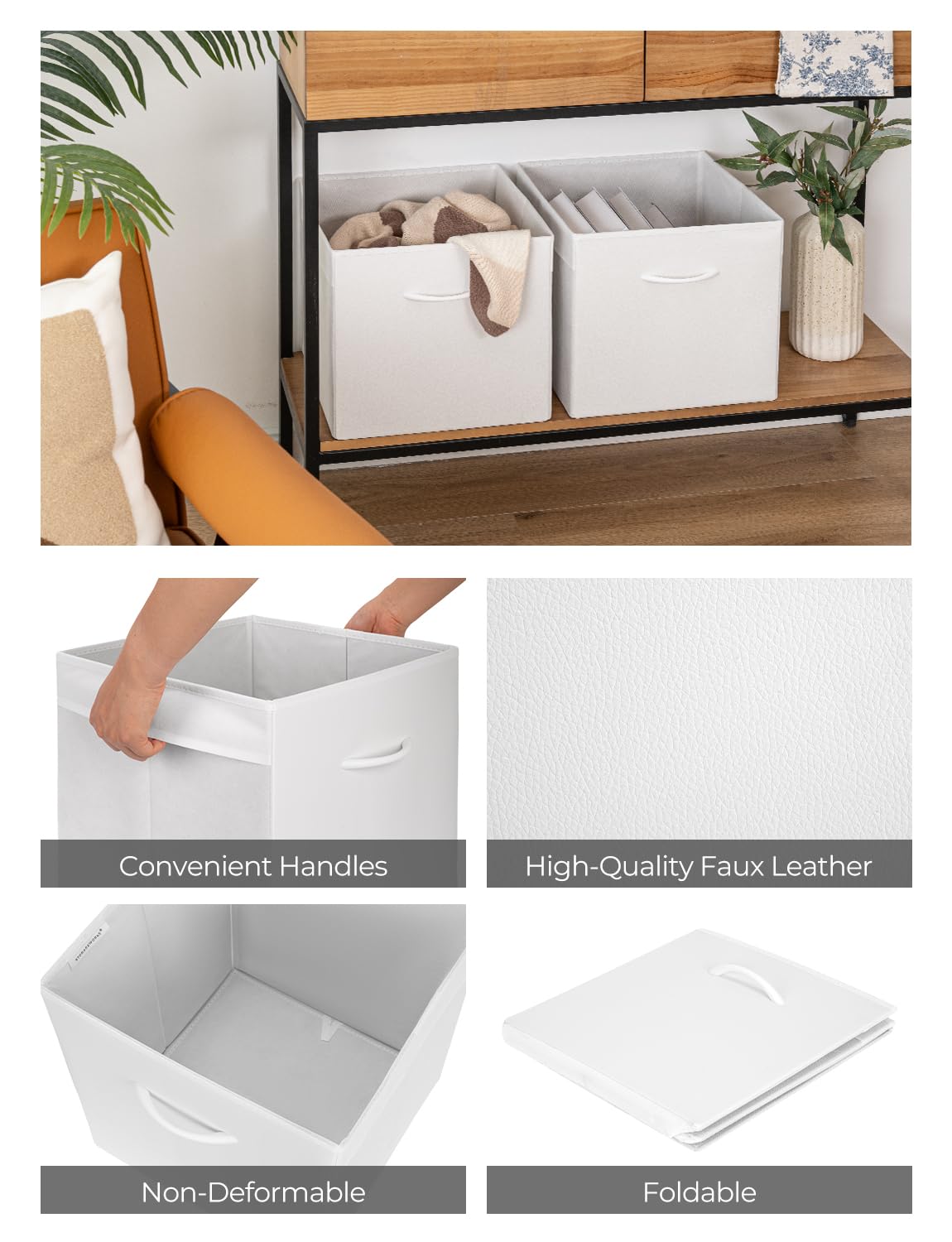 StorageWorks White Storage Cubes, Storage Cube Boxes with Handle, Cube Storage Basket for Shelves, Fabric Organiser Boxes for Wardrobe