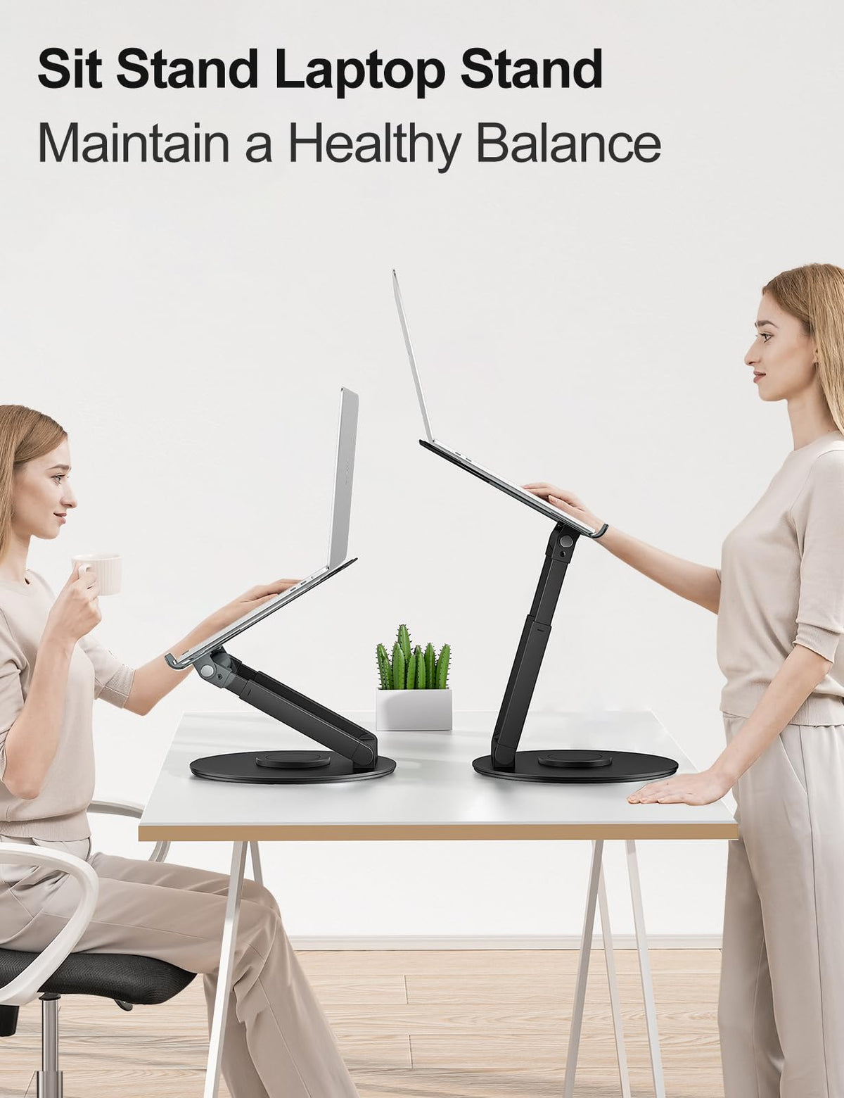 tounee Telescopic Laptop Stand for Desk with 360 Swivel Base, Sit to Stand, Height Adjustable, Portable Riser Holder for Good Posture, Compatible