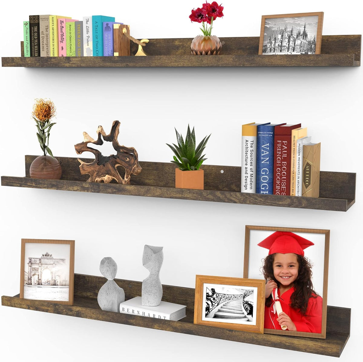 Icona Bay 36 Inch (91 cm) Floating Shelves for Wall, Set of 3 in Walnut Brown, Modern Rustic Style, Wall Mounted Display Shelves, Picture Ledges