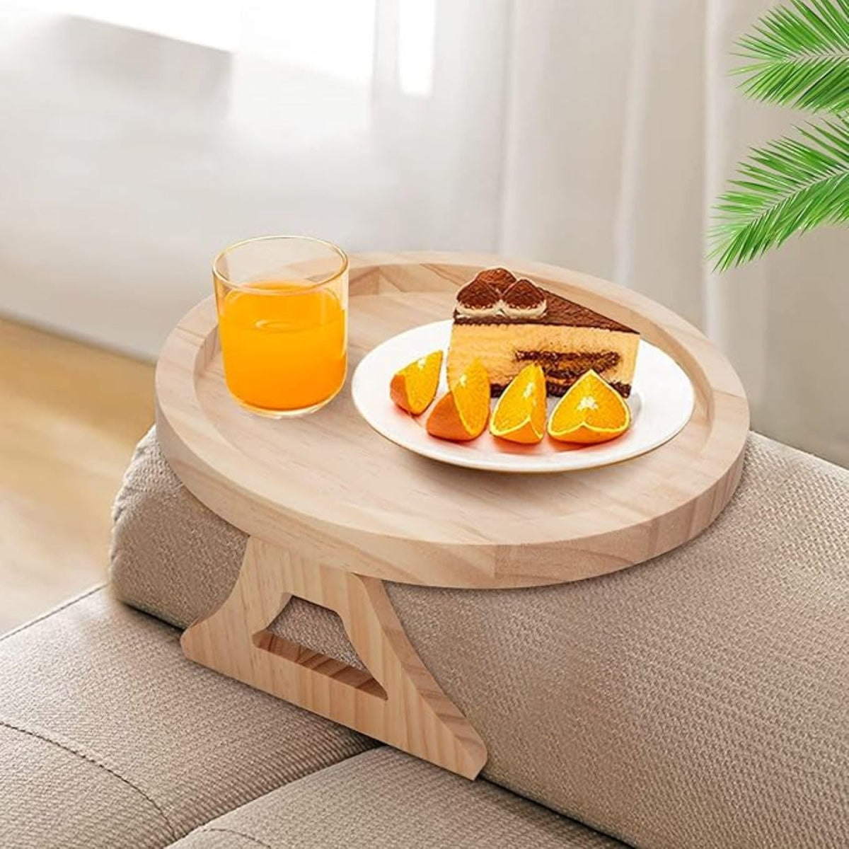 YWHWLX Round Sofa Arm Tray Table, Portable and Foldable Bamboo Sofa Armrest Clip-On Tray