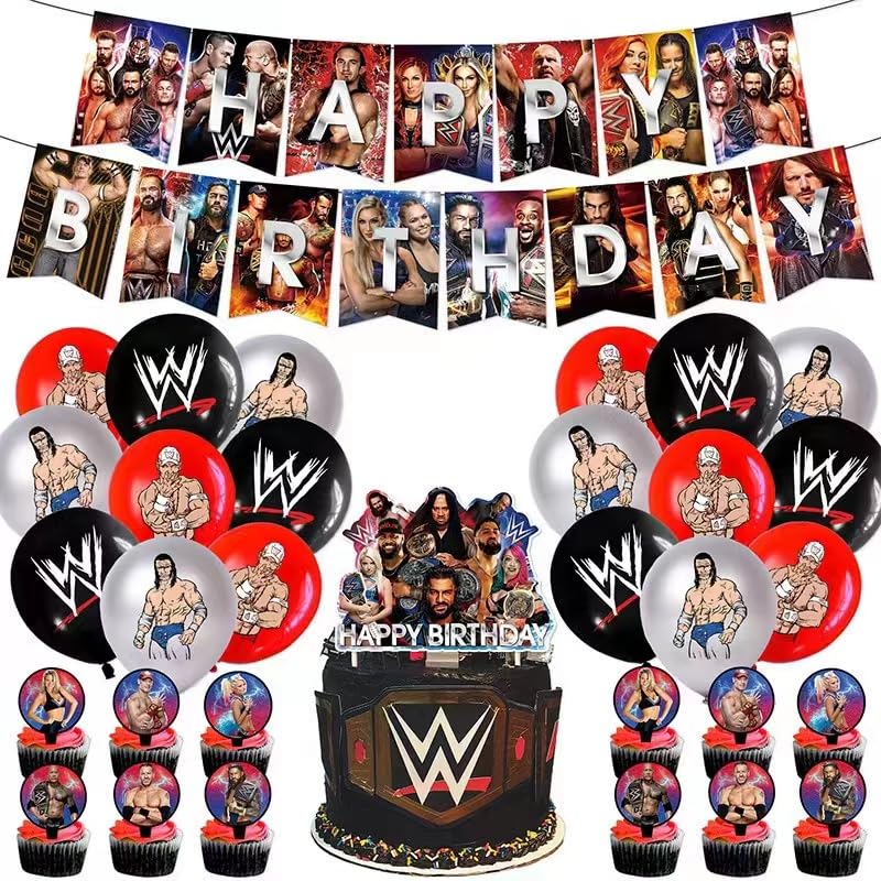 Wrestlinss Theme Birthday Party Decorations Wrestlinss Party Supplies Happy Birthday Banner Balloons Cake Topper, Cupcake Toppers for Birthday Party
