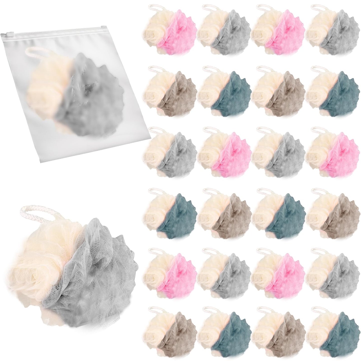 Sadocom 24 Pack Travel Loofah, Individually Wrapped Small Loofah Shower Pouf, 4 inch Mini Bath Sponges for Shower, Multicolor