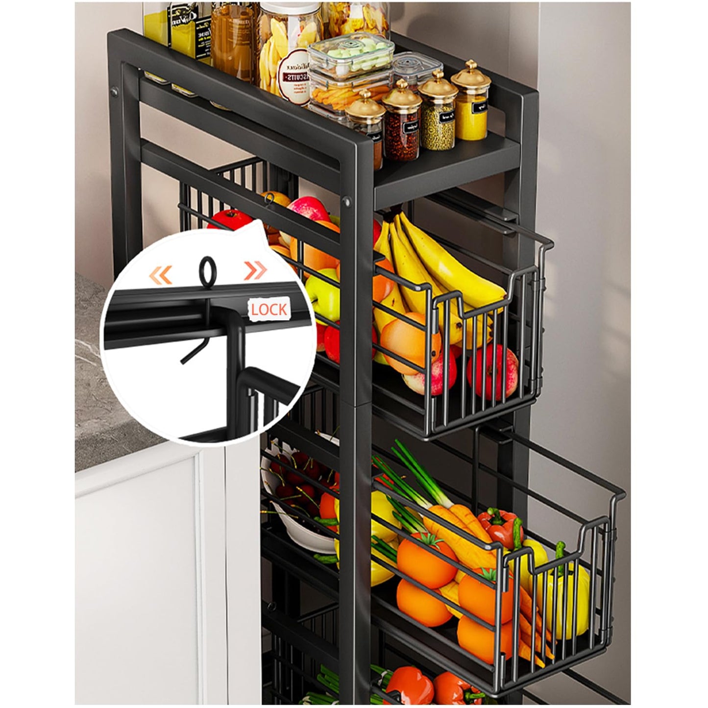 4-Tier Pull-Out Storage Organizer Rolling Utility Cart - Universal Metal Craft Shelf Trolley for Home Kitchen Bathroom Bedroom Office Classroom