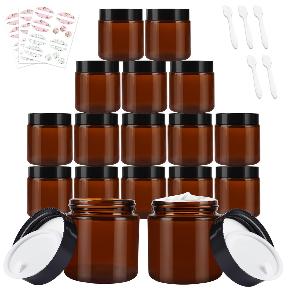 Glass Cosmetic Storage Jars, 15 Pack 120 ml / 4 oz Amber Glass Jars with Tight-Seal Lids & Inner Liner for Lotion, Face Cream,DIY Candle, Essential