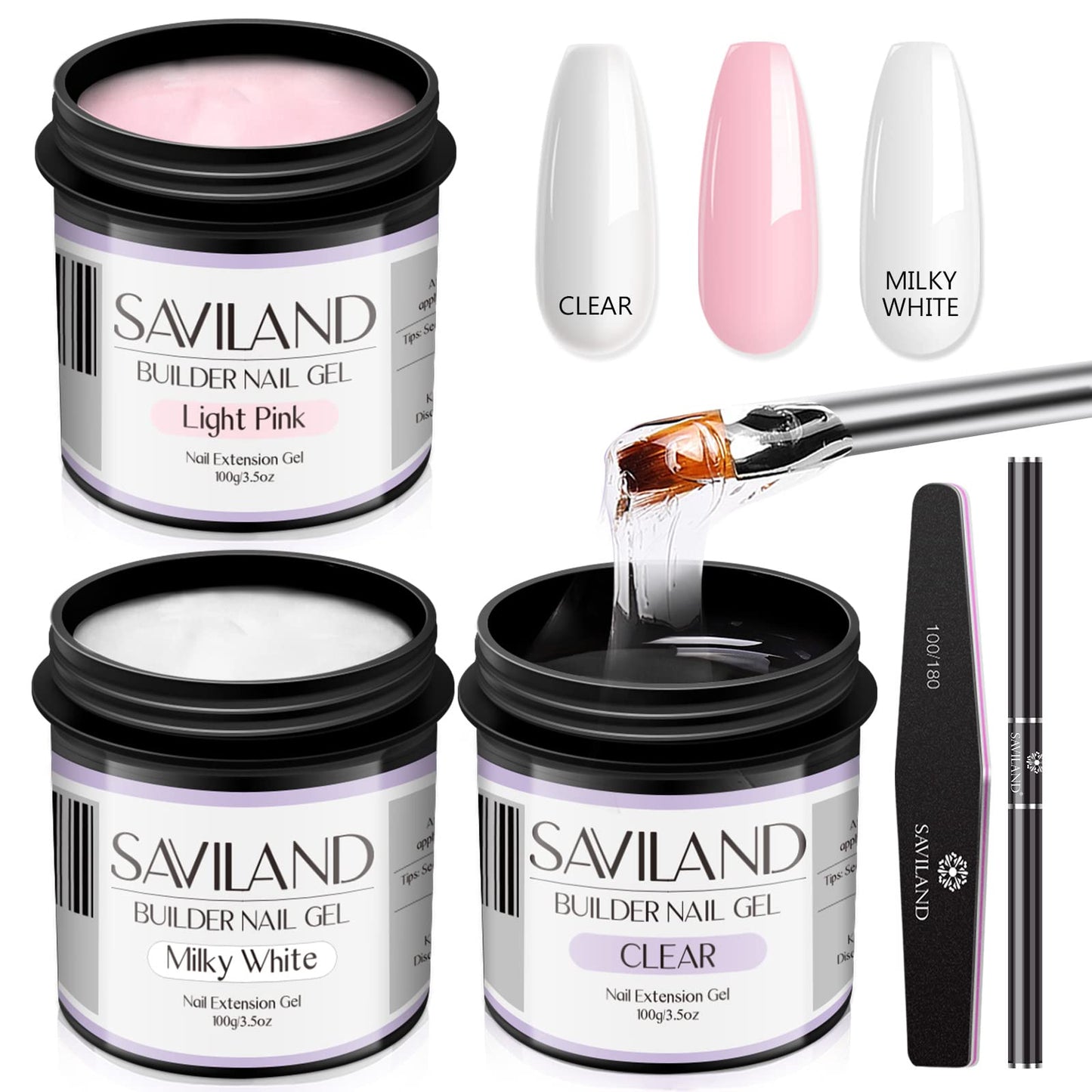 Saviland 3PC Builder Nail Gel Kit ? 3.53oz Clear & Light Pink & Milky White Hard Gel for Nails Kit with Gel Nail Brush Large Capacity Soak-off U V