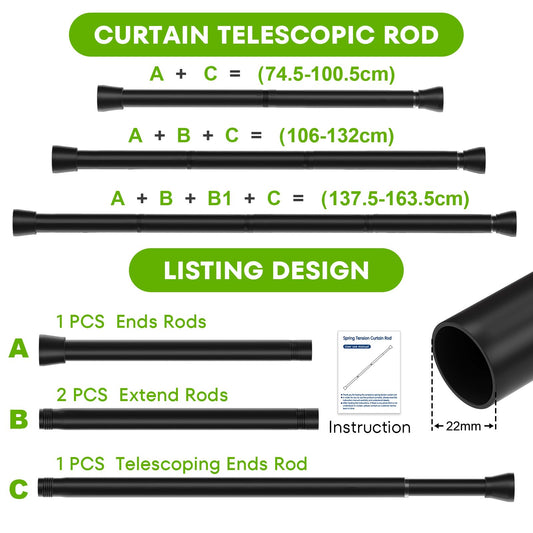 Shower Curtain Rail Extendable Curtain Poles 75-160cm Tension Rods for Curtains Black Net Curtain Rods Extendable Shower Curtain Rod Telescopic