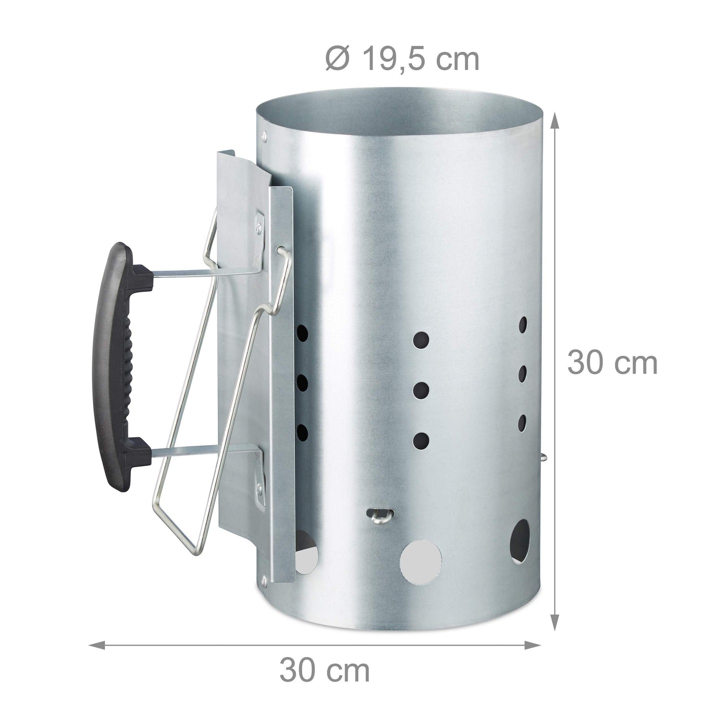 Relaxdays XL Charcoal Chimney Starter, Steel, BBQ Lighter, Stove, Grill, H x Dia: 30 x 19 cm, Grill Ignition, Silver