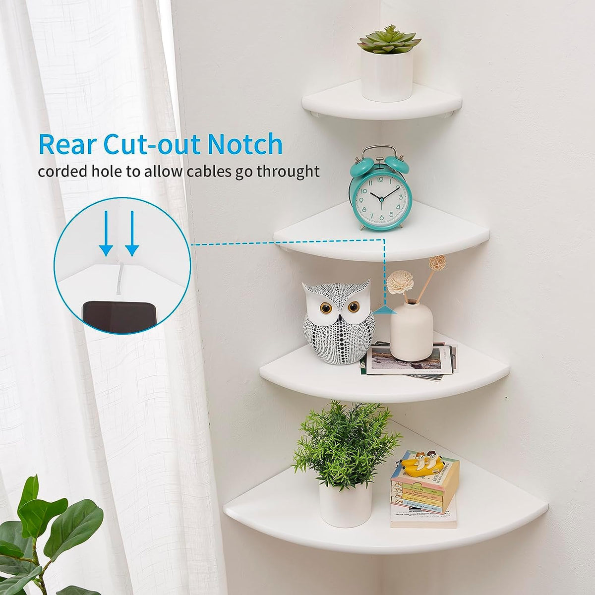 GIEANOO White Corner Shelf Wall Mount, Solid Oak Wood Set of 2 Floating Corner Shelf Round End Floating Speaker Shelf With Wire Hole Shelf for Small