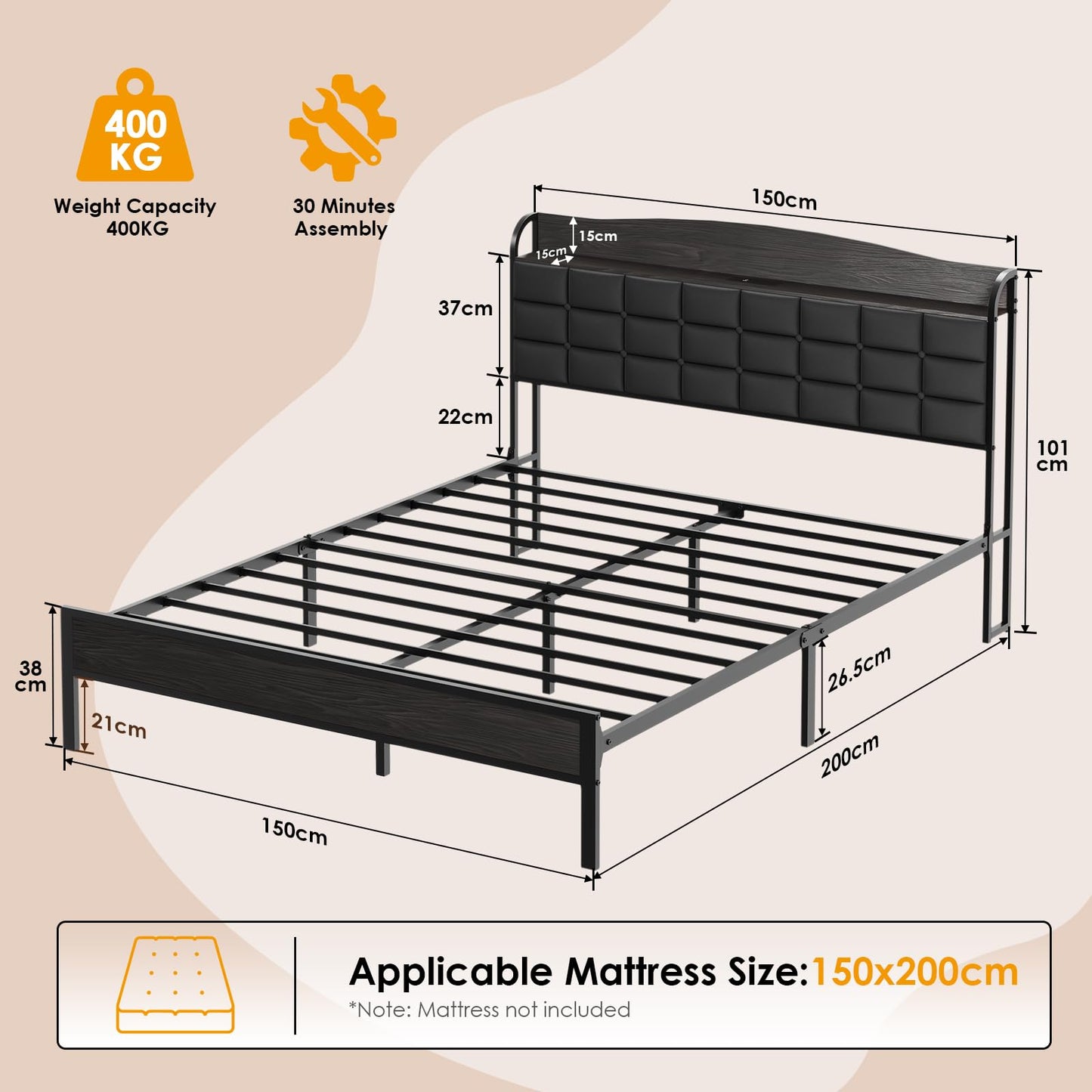 WOWTRELAX King Size Bed Frame with Charging Headboard Storage Shelf 150x200