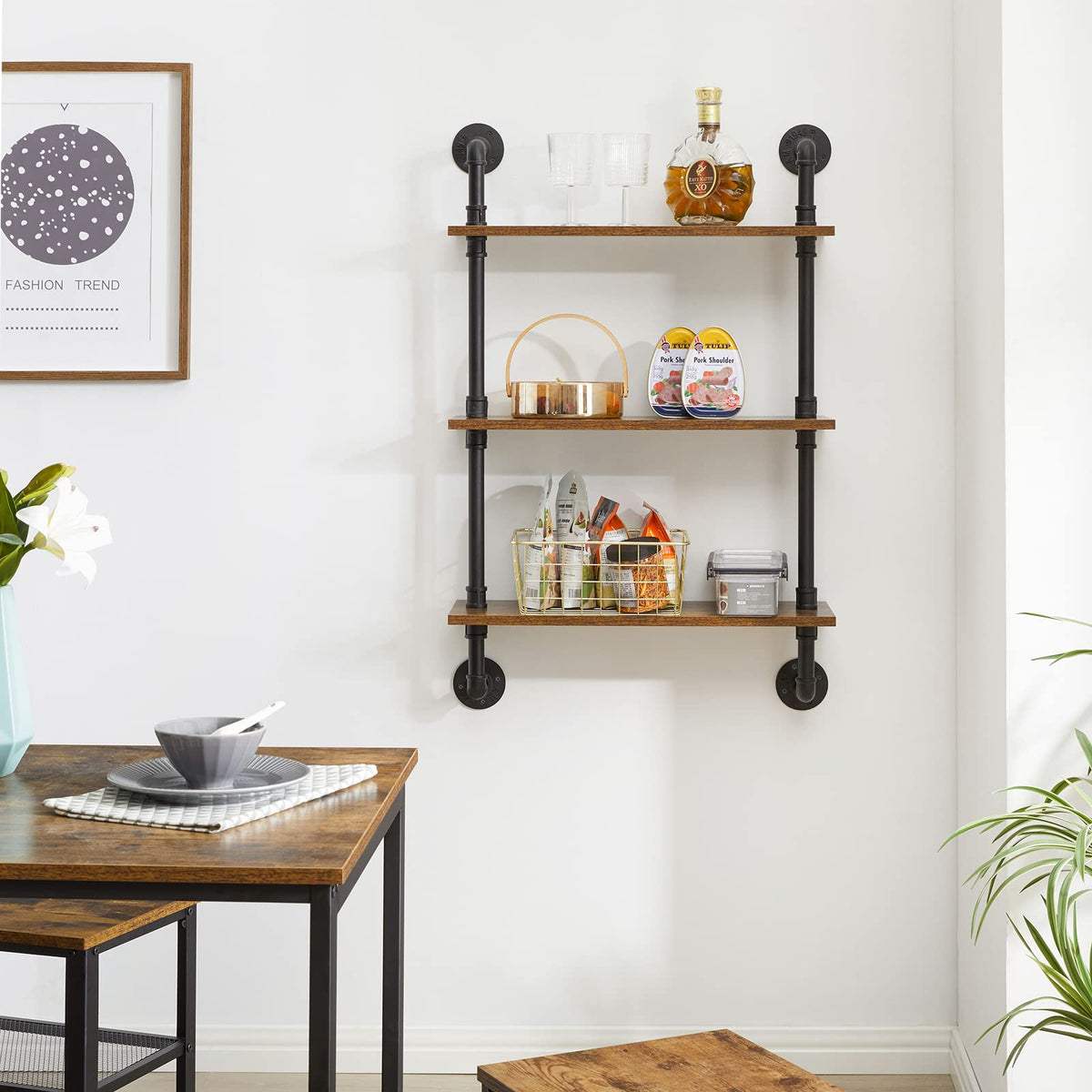 YMYNY 3-Tier Industrial Pipe Wall Mount Shelves, Rustic Storage Shelves, Floating Shelves, Wall Mount Bookshelf, Kitchen Spice Rack, for Bedroom,