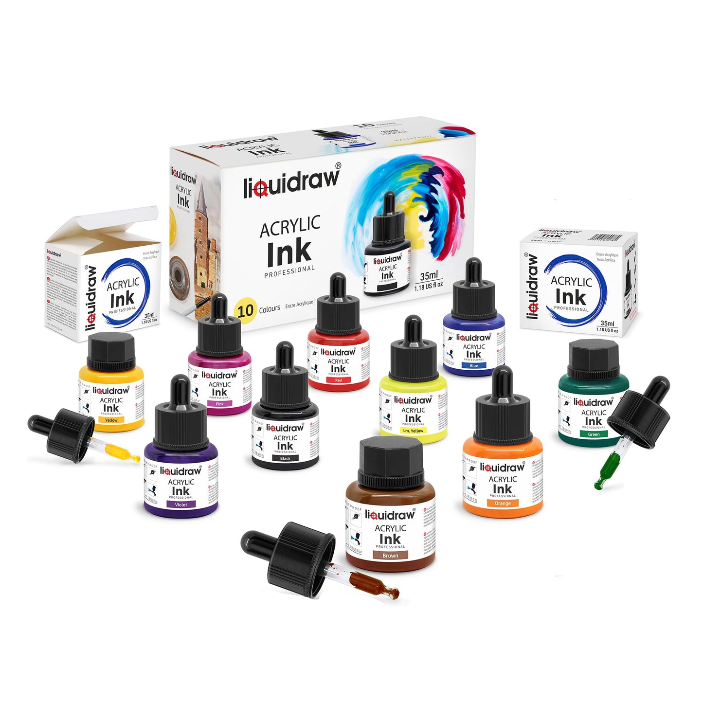 Liquidraw Acrylic Drawing Ink - 10 Assorted Colours | 35 ml Bottles with Ink Dropper | Suitable for Painting, Art Drawing & Design | for