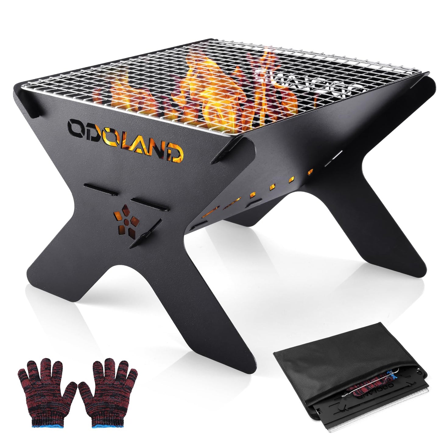 Odoland Camping Fire Pit, Portable Fire Pit for Camping, 2 in 1 Wood Burning Fire pit Grill with Detachable Cooking Grate for Outdoor BBQ, with Carry