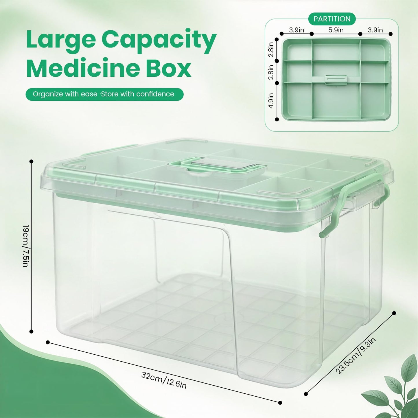 Nymblis Large Medicine Storage Box, 2-Layers Medication Box with Lid, Green