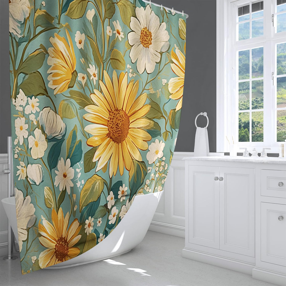 LIVETTY Shower Curtain Floral Shower Curtains Sunflower 180 x 180cm Anti-Mould Proof Polyester Fabric Bath Curtain with 12 Hooks Bathroom Curtain