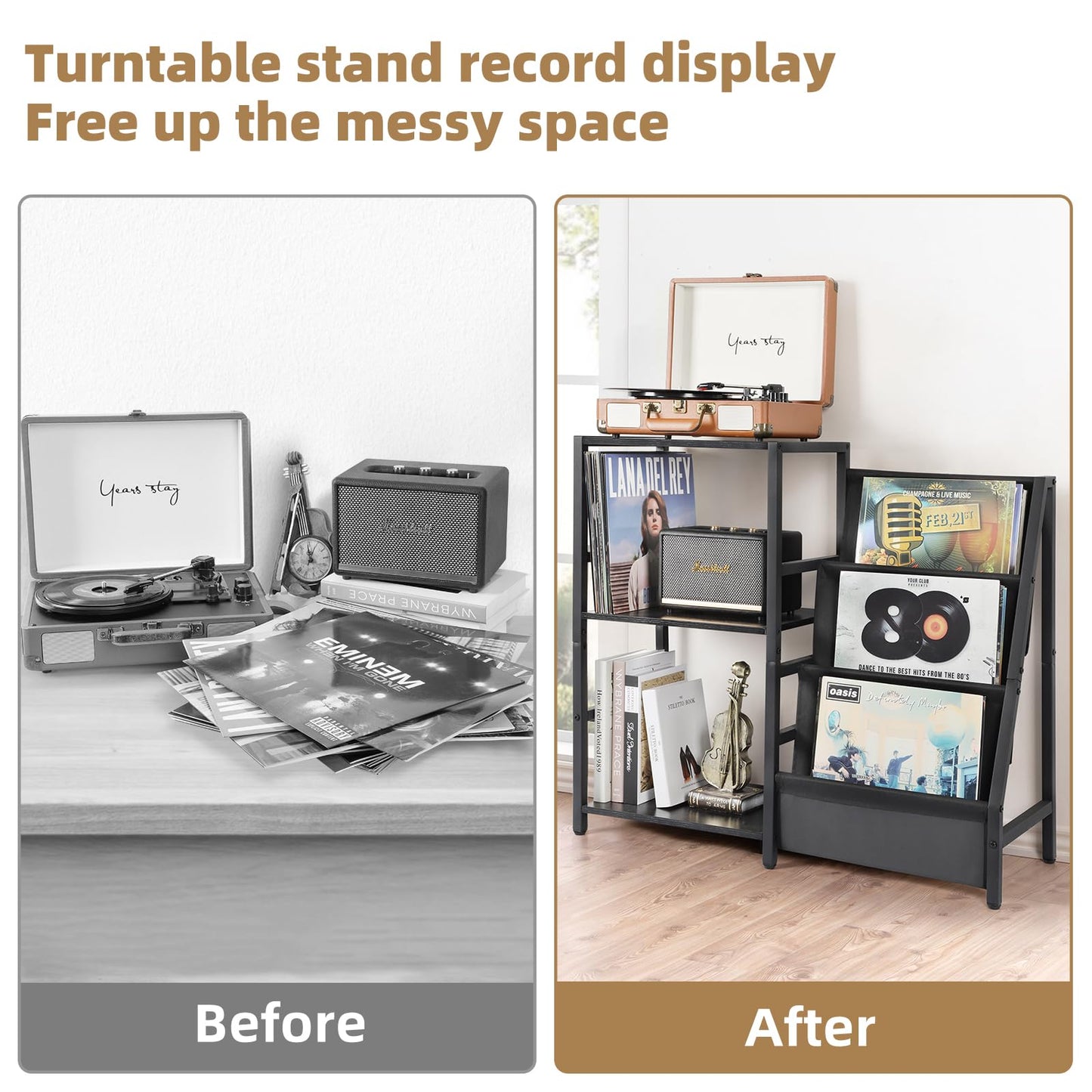 Bikoney Record Player Stand, End Table with 3-Tier Vinyl Record Storage, Record Player Table Up to 200 Albums, Turntable Stand for Vinyl Records,