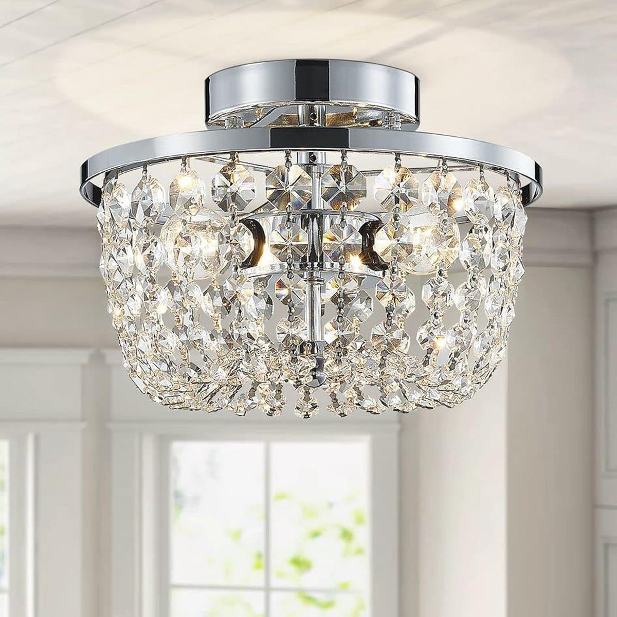 WUZUPS Crystal Chandelier Semi-Flushmount Ceiling Light Modern Lighting Fixture for Bedroom Hallway Bar Kitchen Bathroom, H 19.3cm W 25cm, Chrome, G9