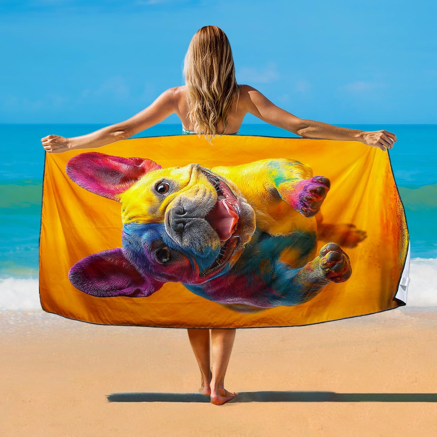 Violetpos Rainbow French Bulldog Beach Towel for Dog Lovers, Extra Large 180x90 cm 250GSM Microfibre, Sand Free Quick Dry