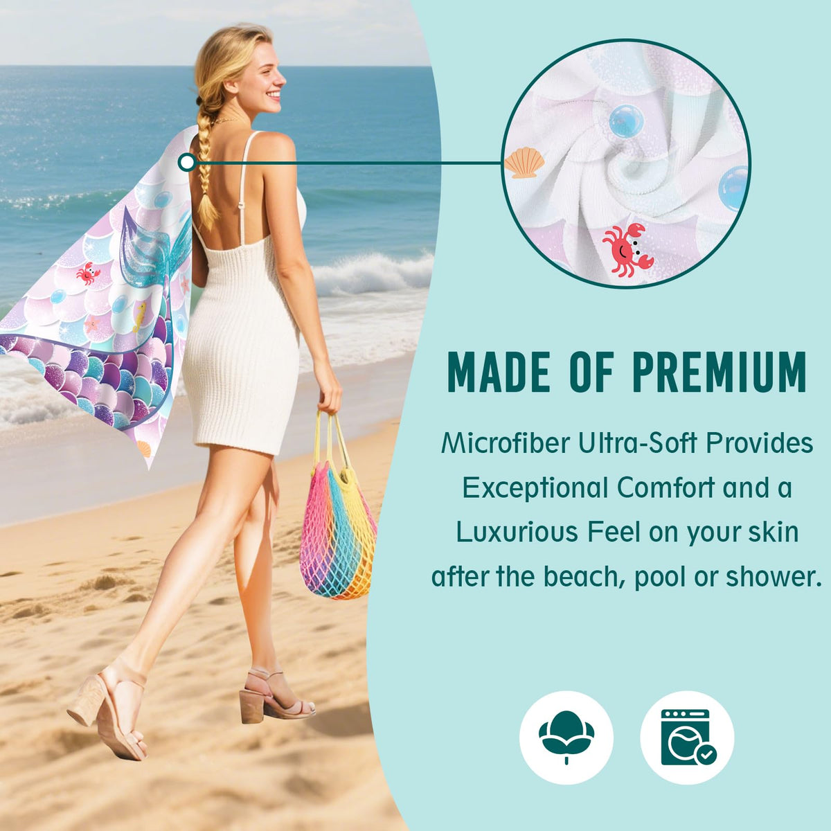 Gelasgo Mermaid Microfibre Beach Towel - 60"x30" Large Lightweight Soft Quick-Dry Towel for Adults, Ultra Absorbent & Dual-Sided Sand Free