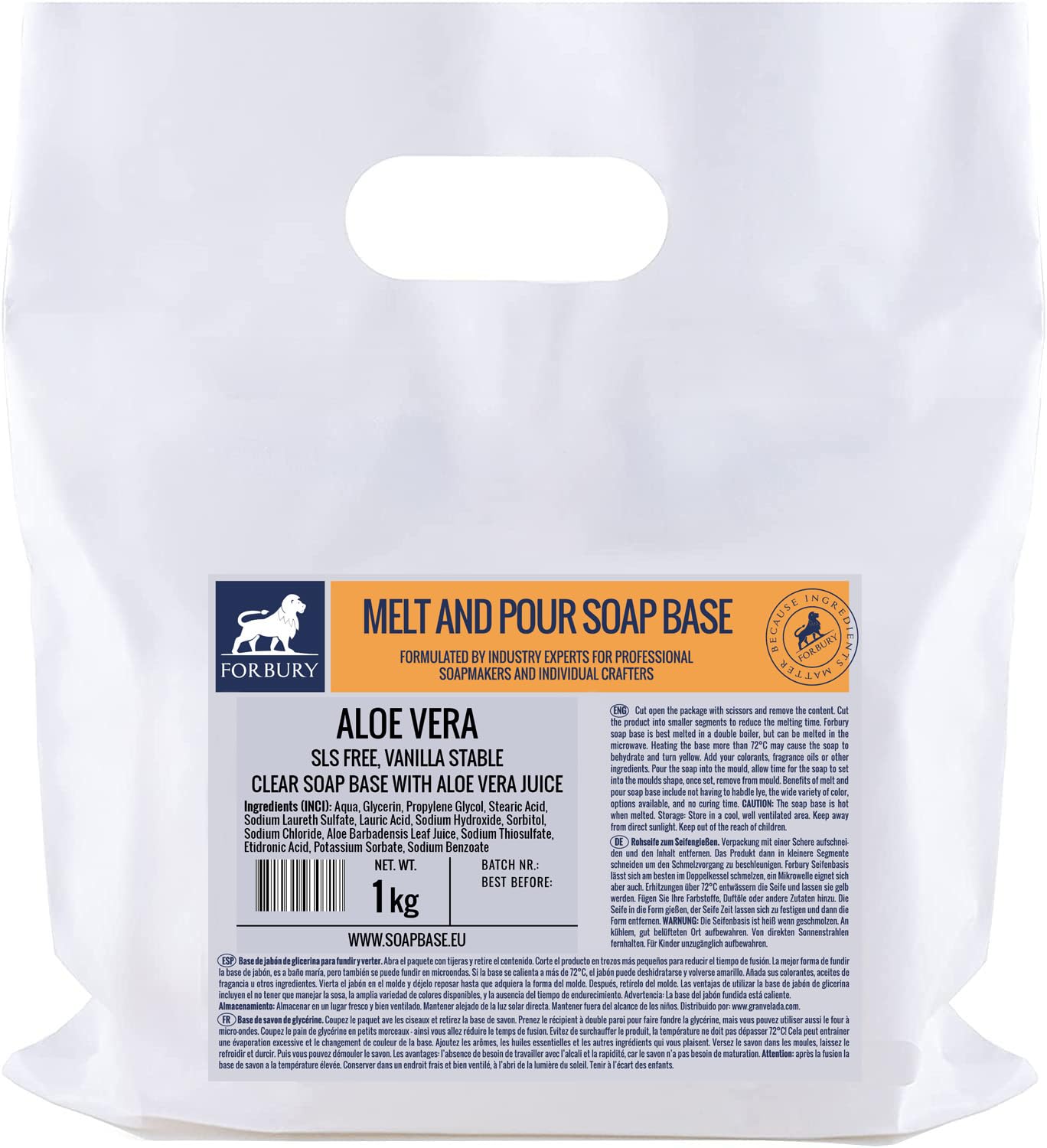 Forbury Aloe Vera Glycerine Soap Transparent Soap Base Raw Soap 1 kg (SLS Free) Melt and Pour Clear Soap Base