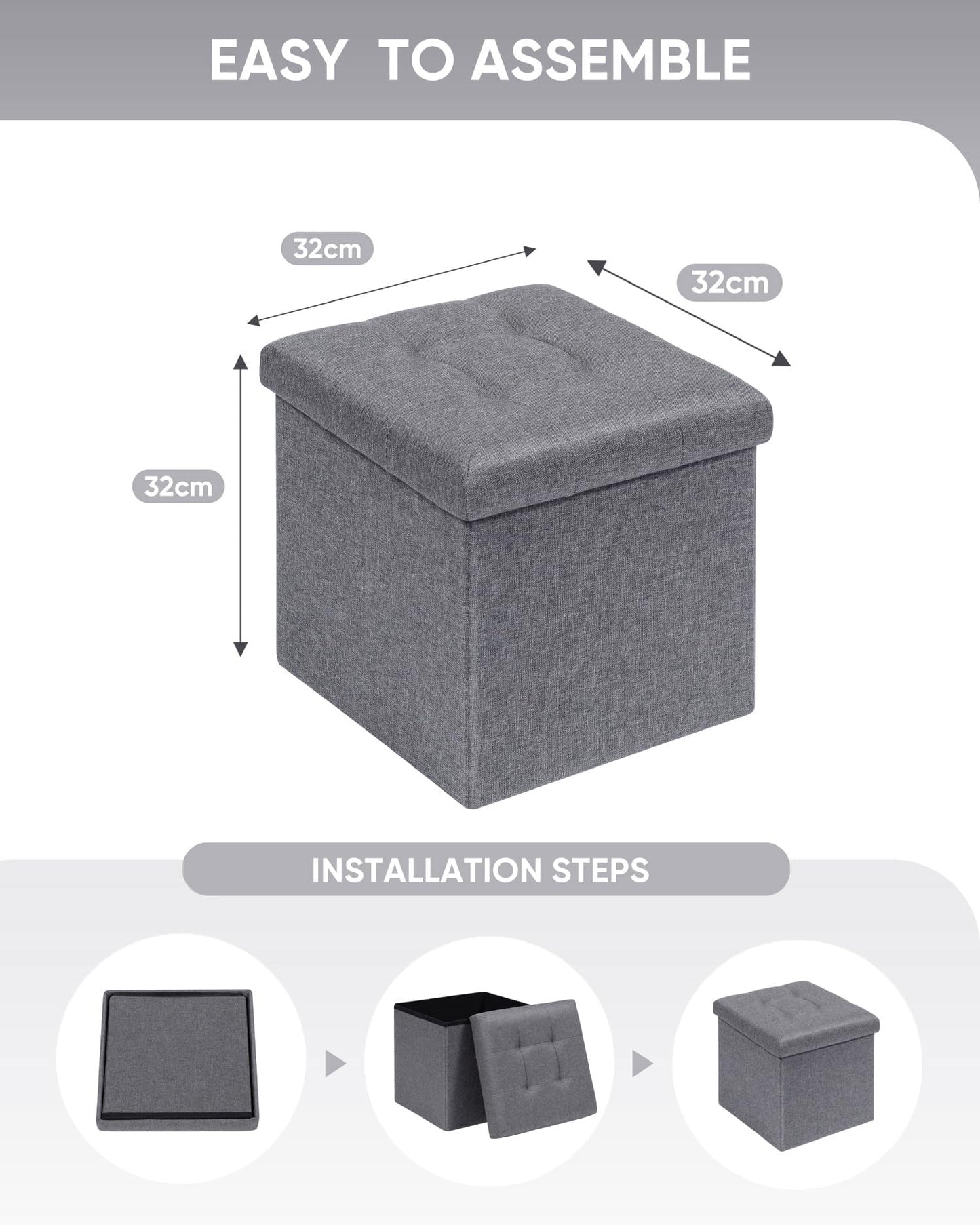 Bonlife Ottoman Storage Stool Cube - Small Footstool Seat,Grey 32x32x32cm