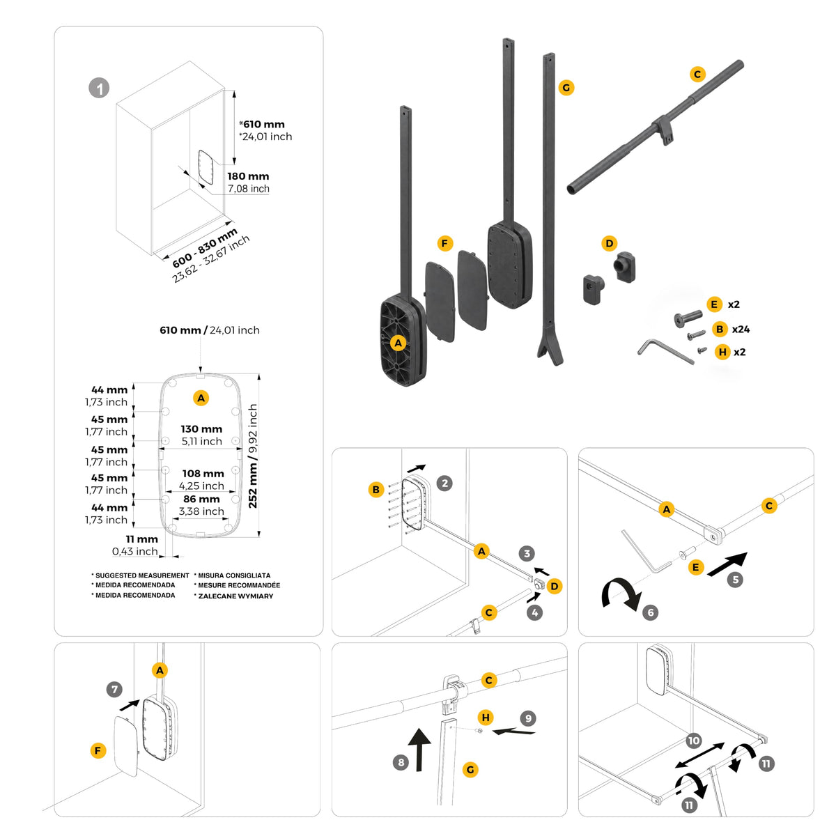 Emuca - Pull down hanging rail for wardrobe, pull down wardrobe rail lift, adjustable width 600-830mm, titanium colour
