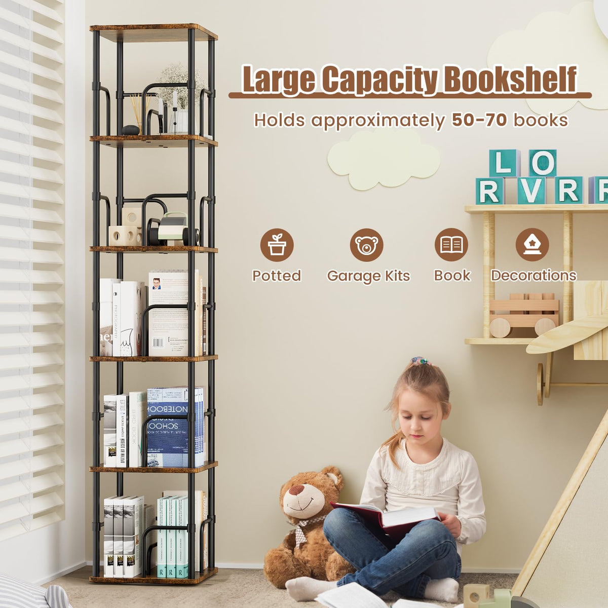 5 Tier Square Rotating Bookshelf, 360° Corner Bookshelf Tower, Small Size Revolving Bookcase with Adjustable Levels