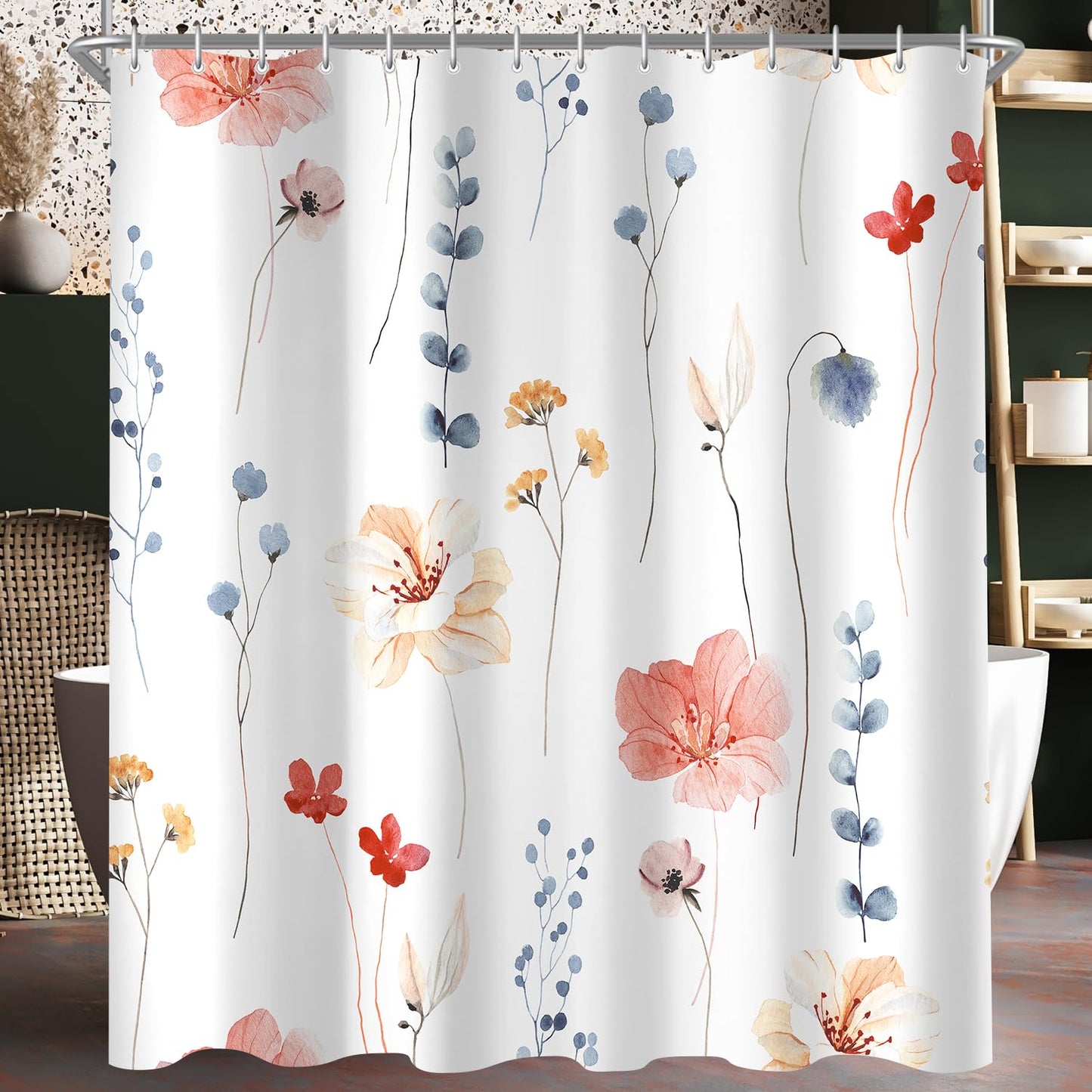 Lerores Shower Curtain, 180 x 180 cm, Coral Flower, Weighted Hem, Anti-Mould, Water-Repellent, Washable Polyester Bath Curtains with 12 Eyelets and