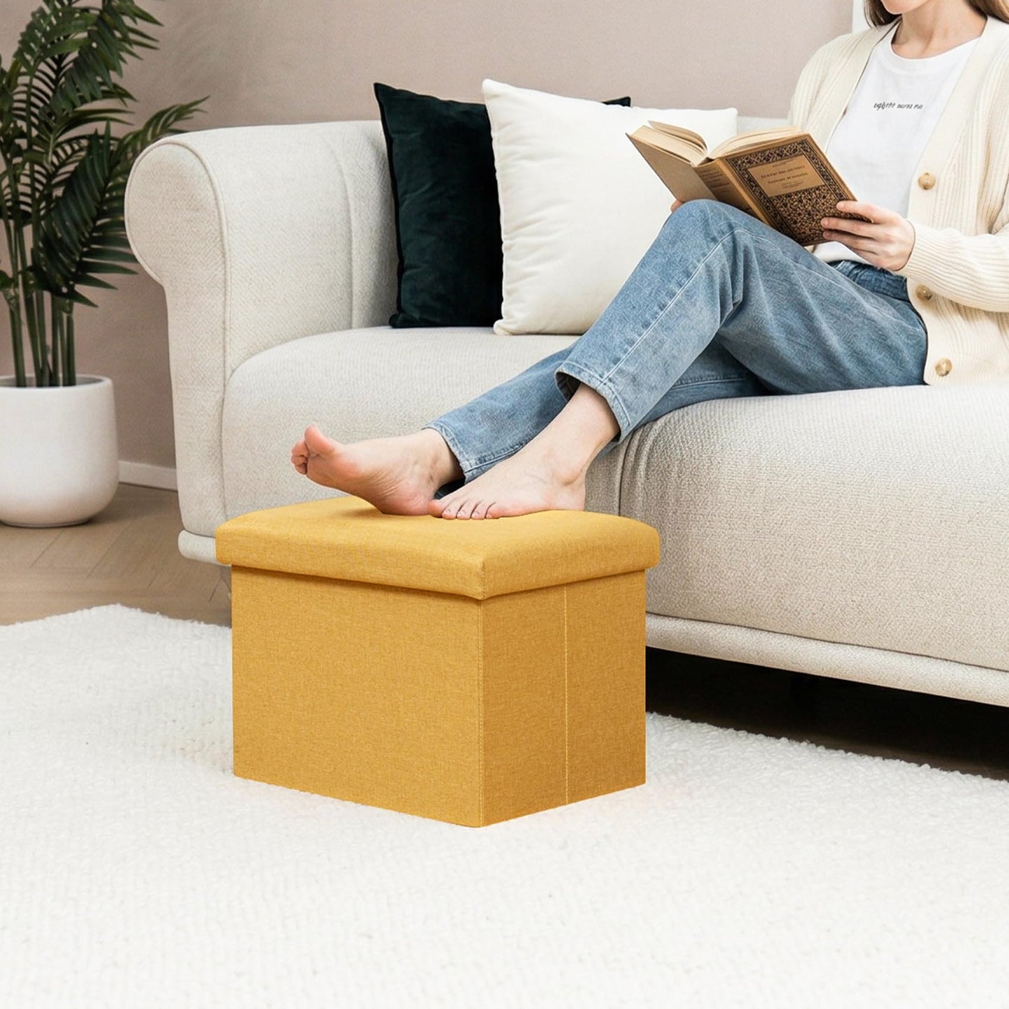 PINPLUS Folding Storage Box Ottoman, Linen Small Footstool, Ginger Yellow