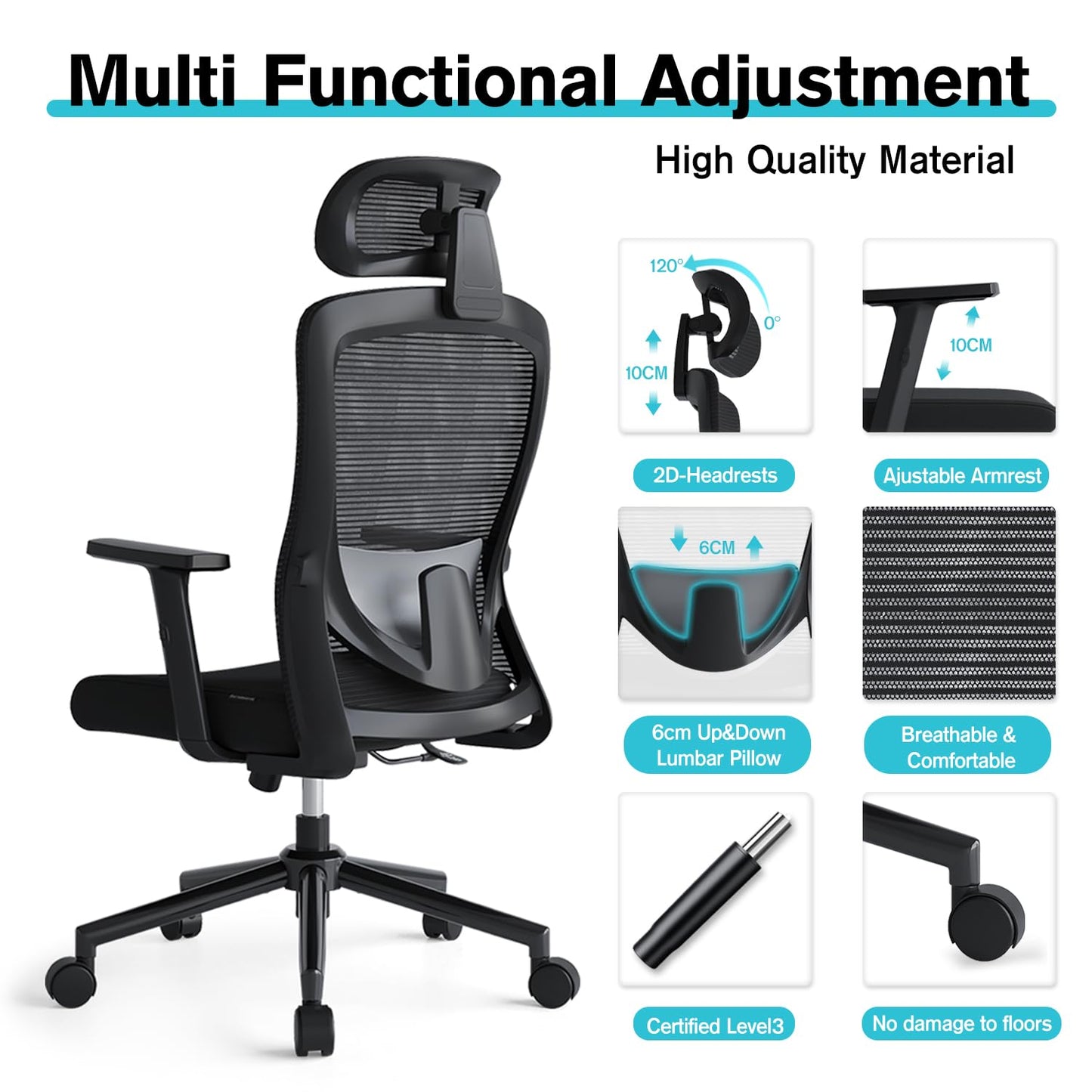 Eucladoceros Office Chair,Ergonomic Desk Chairs with Adjustable Lumbar Support,2D Headrest & Armrest 120° Rocking High Back Mesh Office Chairs for