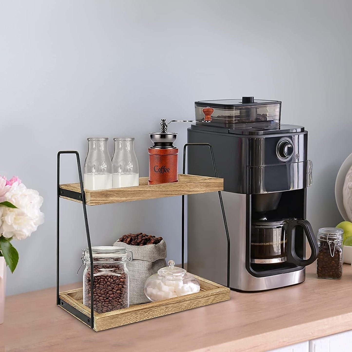 BRAVECOW Coffee Station Organizer, Desktop Table Surface Shelf Stand Wooden Display Storage Rack 2 Tier Condiment, Makeup Tools