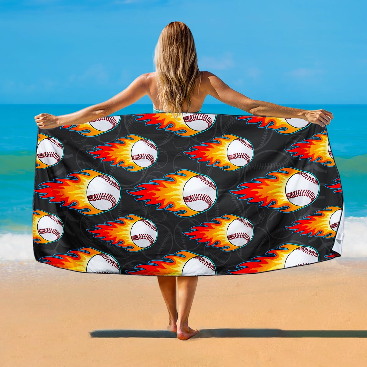 Violetpos Flaming Baseball Beach Towel, Extra Large 180x90 cm 250GSM Microfibre, Sand Free Quick Dry