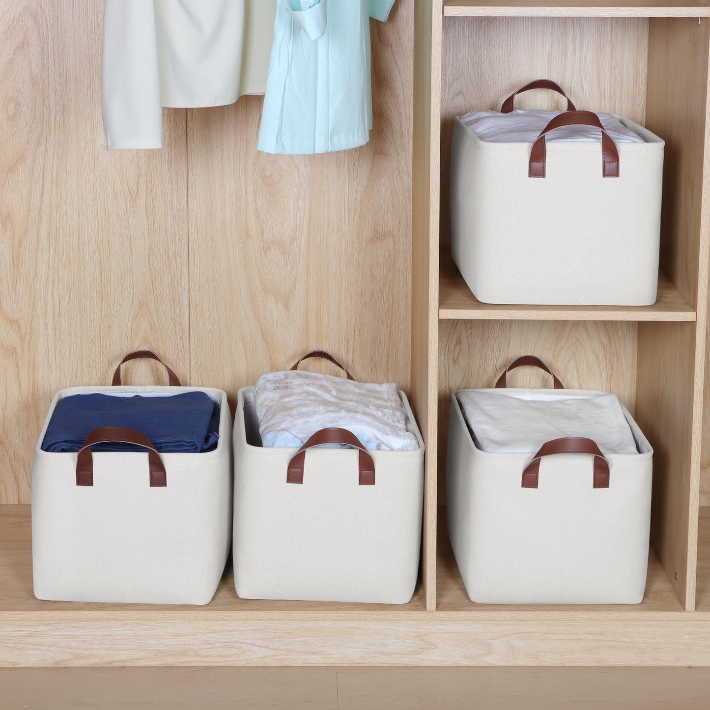 Syeeiex Storage Baskets for Shelves 4 Pack, Fabric Storage Boxes with Leather Long Handles, Foldable Storage Basket for Toys, Clothes