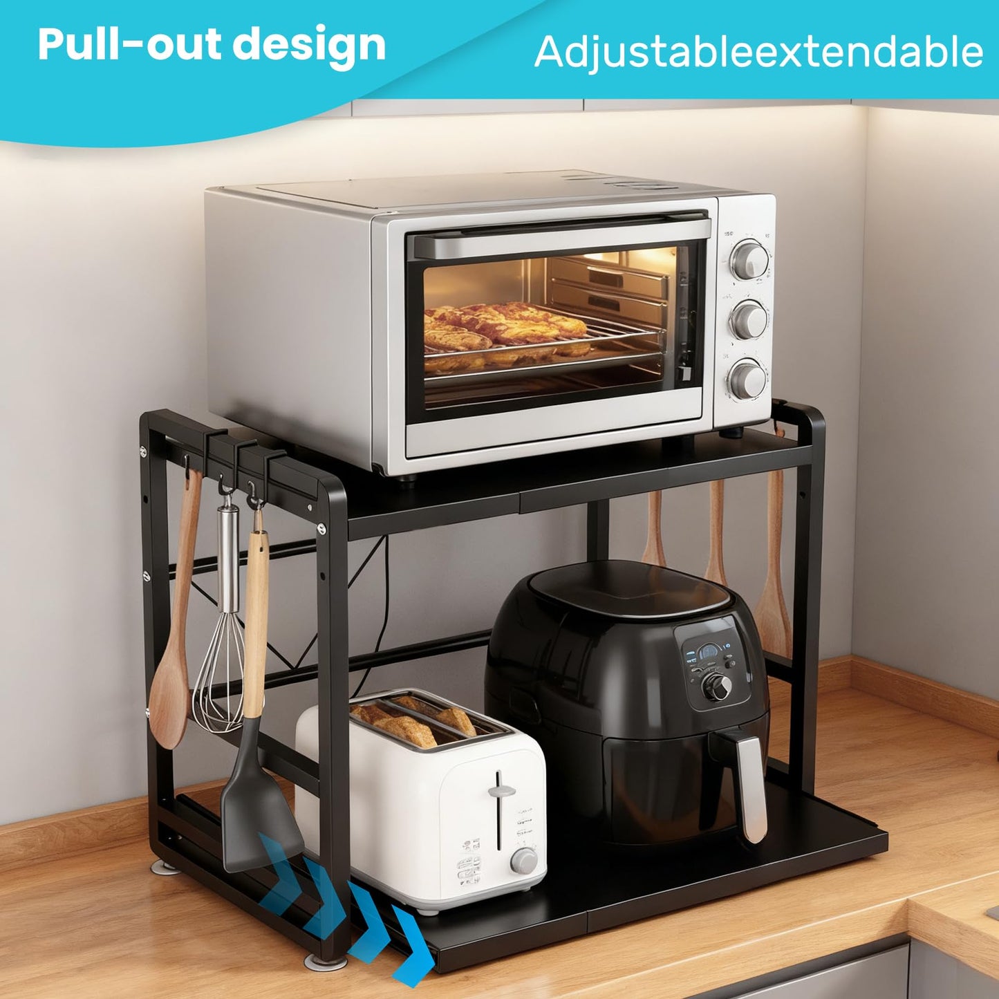 SnagShill 2-Tier Microwave Rack - Height Adjustable & Extendable Kitchen Shelf with Drawer - Includes Hooks & Reinforcement Suction Cups
