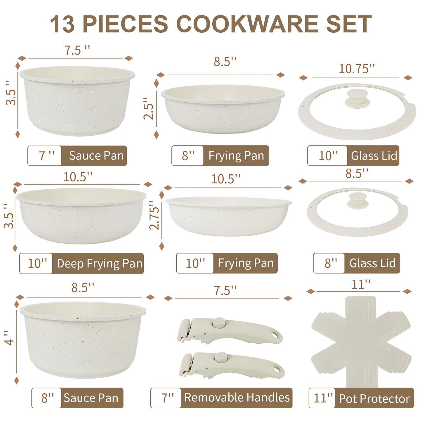 YASHE 13Pcs Pots and Pans Sets Non Stick, Kitchen Cookware Sets, Induction Pan Set for RV Set, Pans with Detachable Handle, Granite White, Oven Safe,