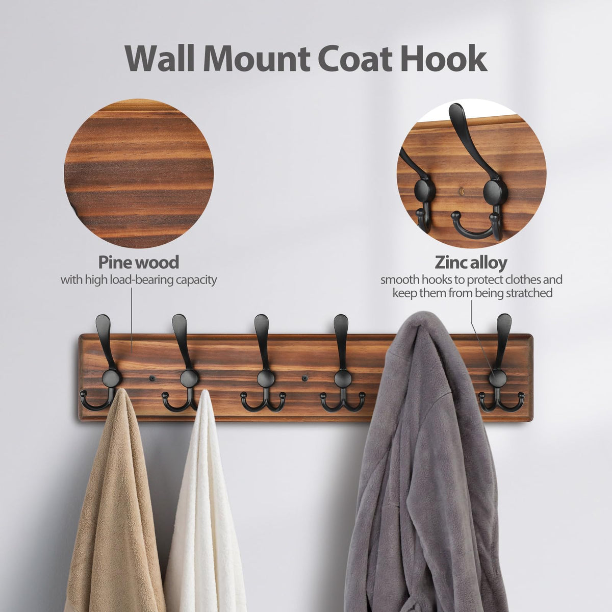 PHINGEER Wall Mounted Coat Hooks, Wooden Heavy Duty Coat Rack for Wall,6 Triple Coat Hanger Hooks for Hanging Coats,Jacket,Hat,Clothes,Brown (Brown, 6