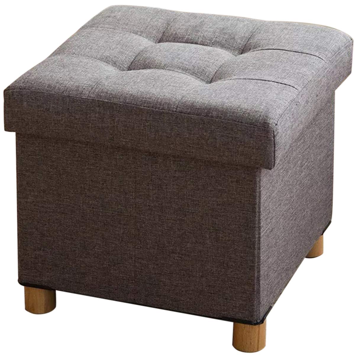 BRIAN & DANY Folding Ottoman Storage Box with Wood Legs, Linen Foot Stool, Footstool with Storage, Highly Elastic Sponge Filling, Gray, 38 x 38 x 38