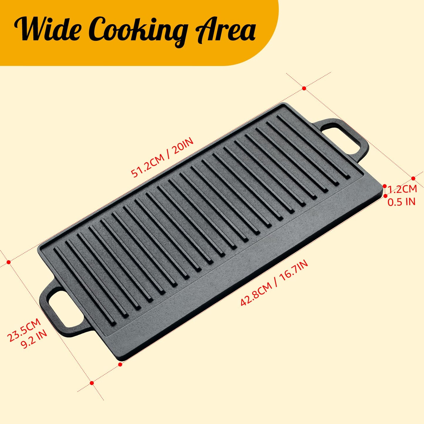 OVERMONT Pre-Seasoned Cast Iron Reversible Griddle Grill Pan with Handles for Gas Stovetop Open Fire Oven, 51.2 * 23.5CM (20x9.2) - One Tray, Scrapers
