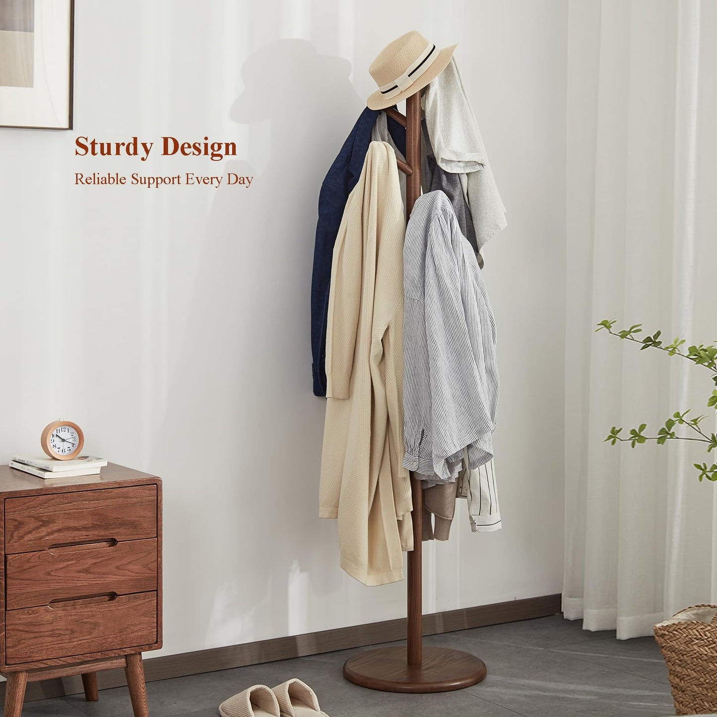 Homruilink Solid Wood Coat Rack Freestanding 6 Hooks for Entryway Bedroom