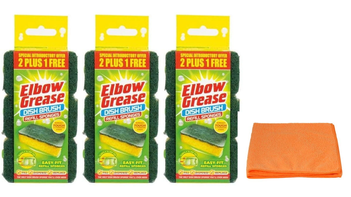 9X Elbow Grease Washing Up Brush Refills Sponges - For Tough and Stubborn Stains -with Ultra Absorbent Microfibre Cleaning Cloth