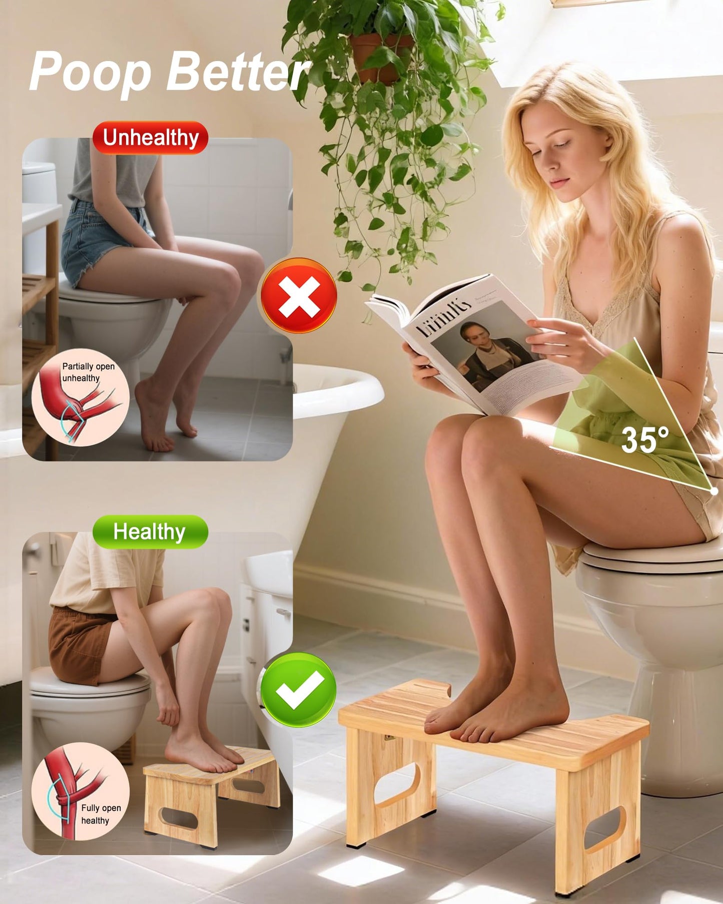 YOSE Wood Toilet Stool Squat Adult, Foldable Squatting Potty for Bathroom, Dual Anti-Slip Potty Step Stool for Pooping